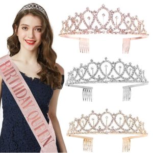 Decorations supplies hair accessories women girls sparkle rhinestone sash happy birth headband tiara birthday crown