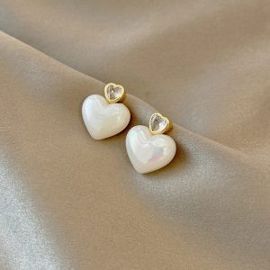Minimalist Luxury Gold S925 Silver Needle Pearl Heart Stud Earrings Women Fashion Geometric Earrings Jewelry