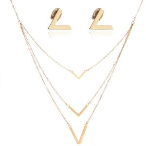 Fashion accessories for women jewelry set Stainless steel V shape 3 layers necklace earring jewelry sets
