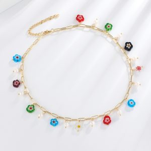 Boho Summer Collarbone Chain Flower Pearl Pendant Alloy Female vintage Necklace