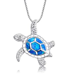 Fashion Silver Filled Blue Opal Sea Turtle Pendant Necklace Women Animal Beach Jewelry Accessory